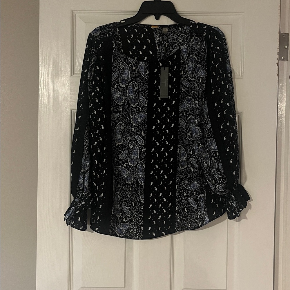 Tahari Black navy and White Paisley Blouse
